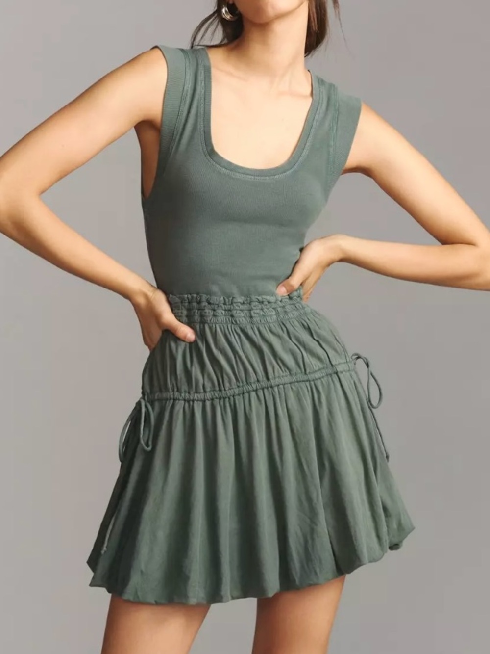 EUC Anthropologie Daily Practice Mini Bubble Dress Olive Size Medium - Picture 2 of 11